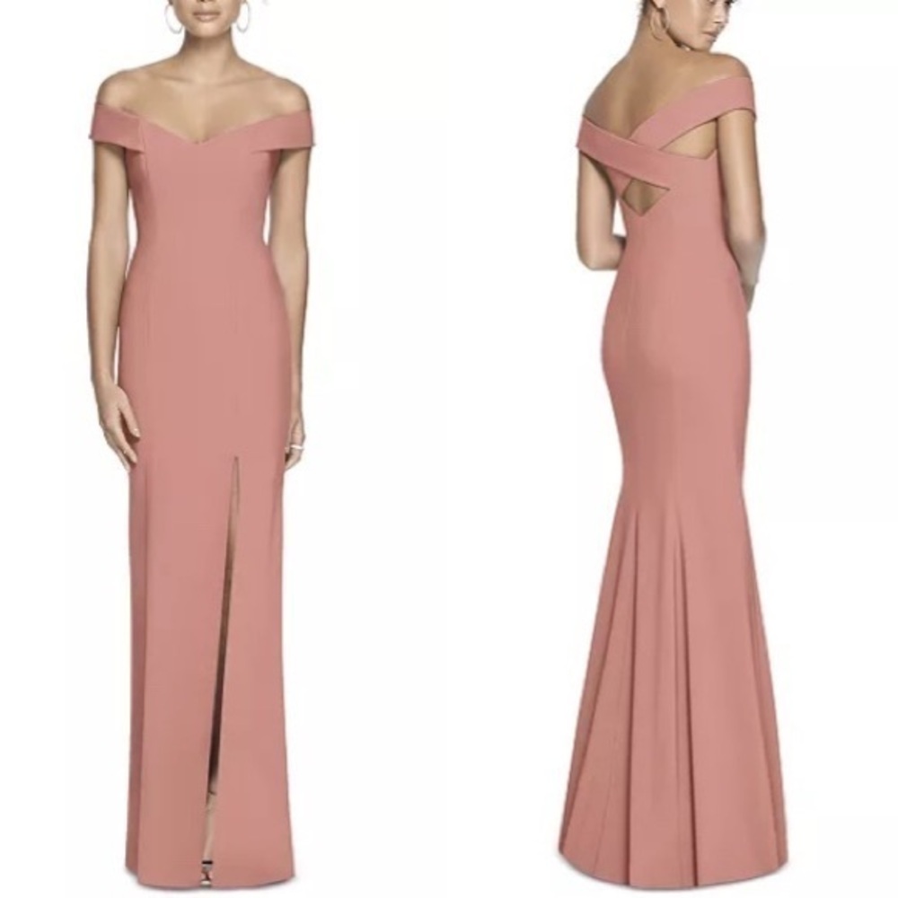 Dessy Collection Pink Off The Shoulder V Neck Long Trumpet Column Gown Dress